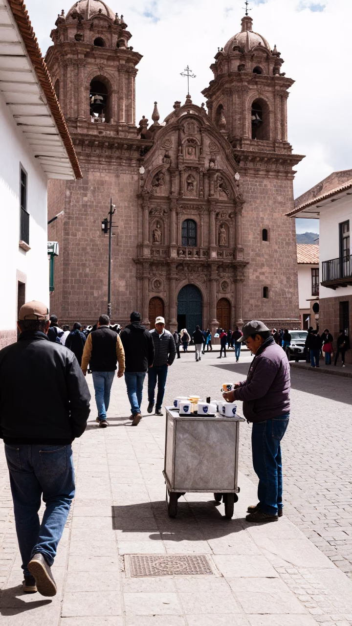 Busy Cusco Peru Midmorning Street Scene with Coffee Mugs and Local Commerce in in Cusco, Peru