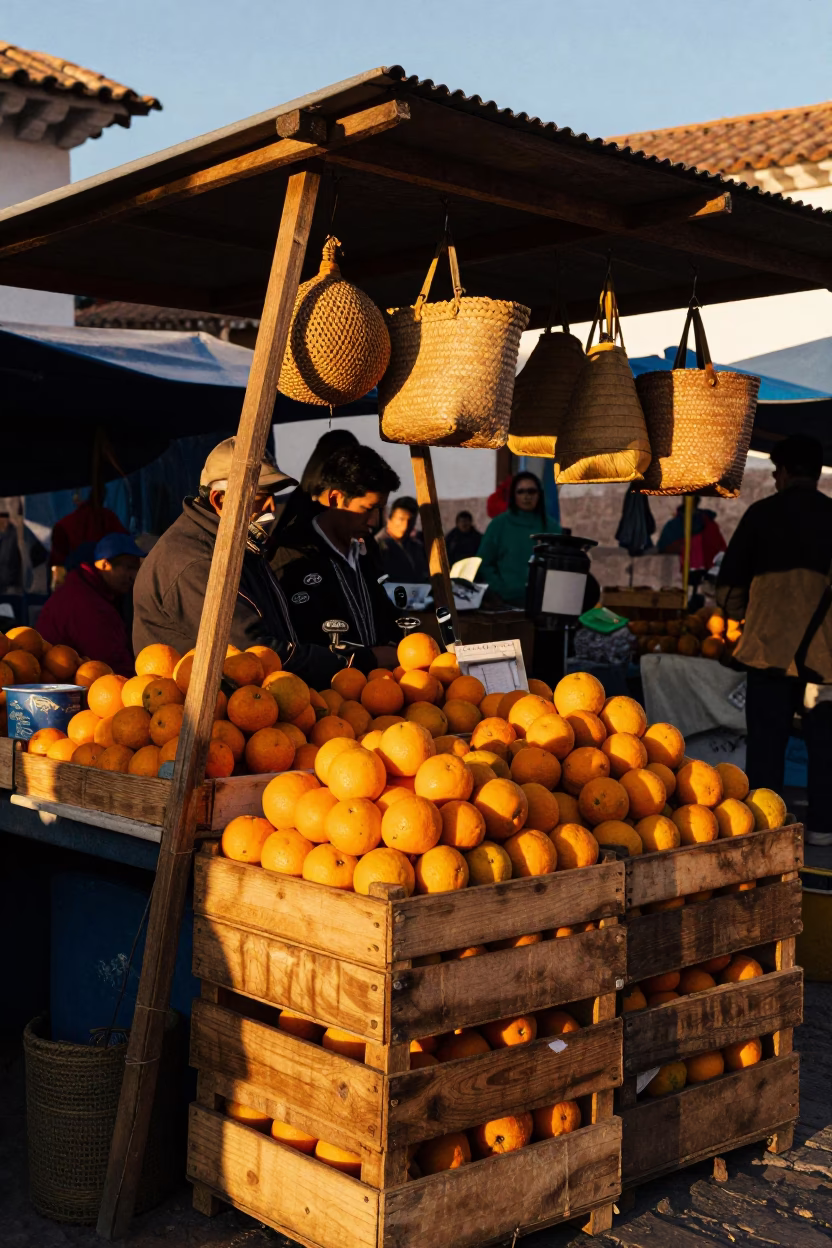 Busy Cusco Peru Street Market Stall with Oranges and Woven Textiles in Evening Light in in Cusco, Peru