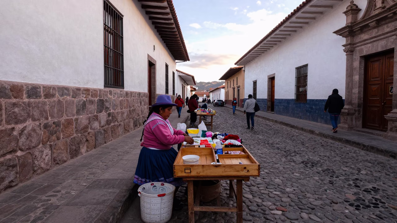 Busy Cusco Peru Street Market Stall with Wooden Tray and Mortar Pestle at Dusk in in Cusco, Peru
