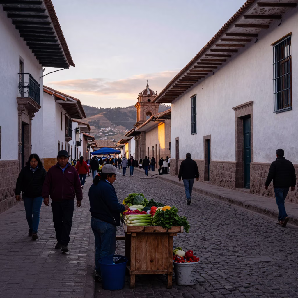 Busy Cusco Peru Street Scene at Dawn with Local Vendor and Clay Pot in in Cusco, Peru