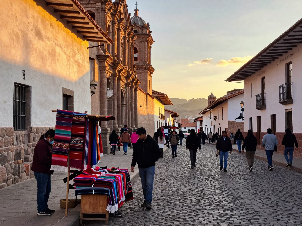 Busy Cusco Peru Street Scene at Sunset with Local Commerce and Traditional Textiles in in Cusco, Peru