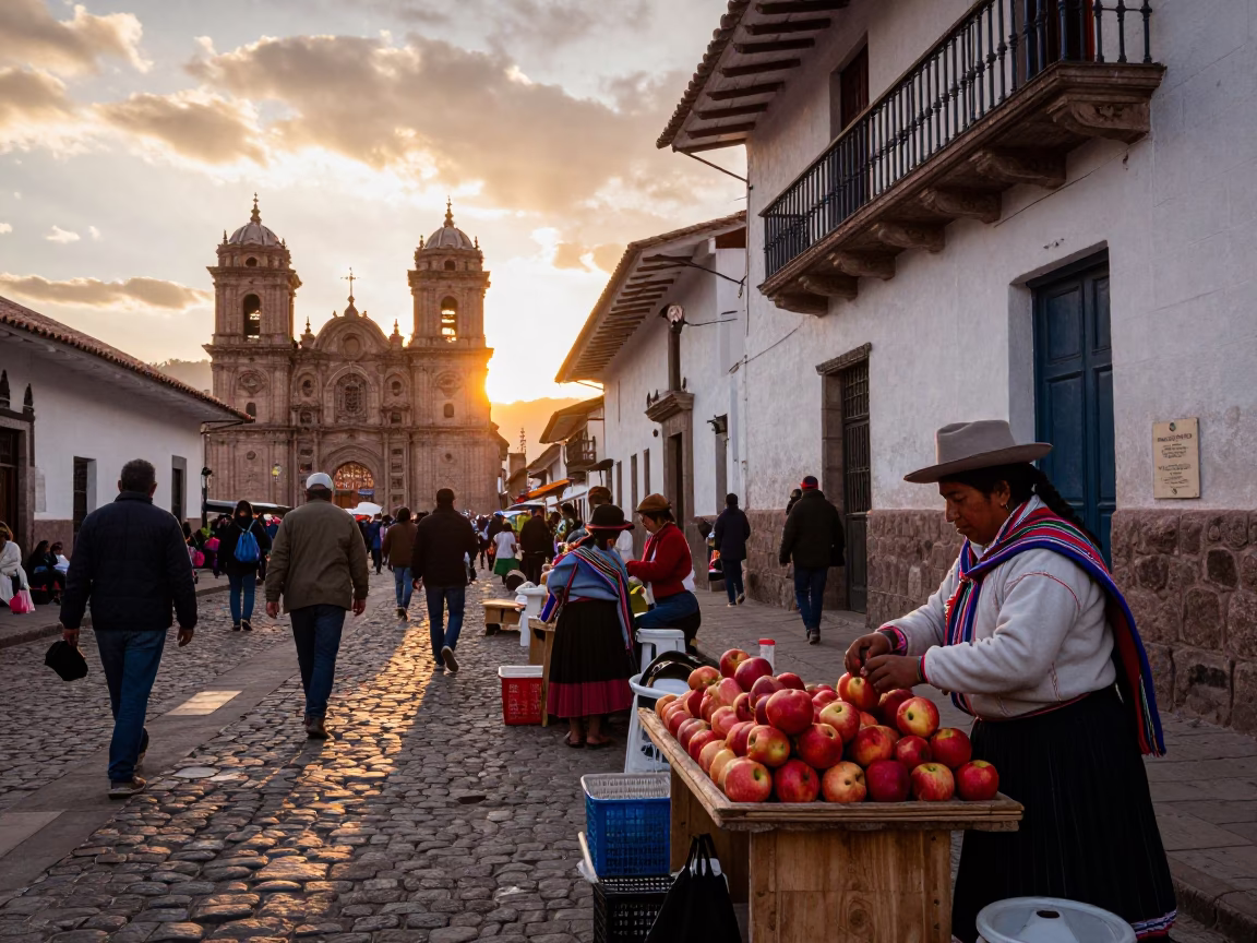 Busy Cusco Peru Street Scene at Sunset with Local Market Activity in in Cusco, Peru