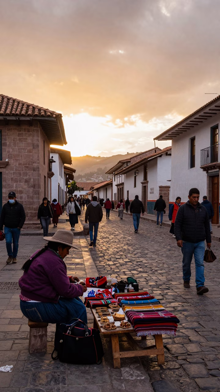 Busy Cusco Peru Street Scene at Sunset with Traditional Andean Market Activity in in Cusco, Peru