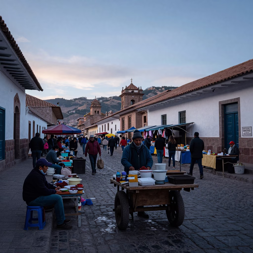 Busy Cusco Peru Street Scene Before Sunrise with Local Market Activity in in Cusco, Peru