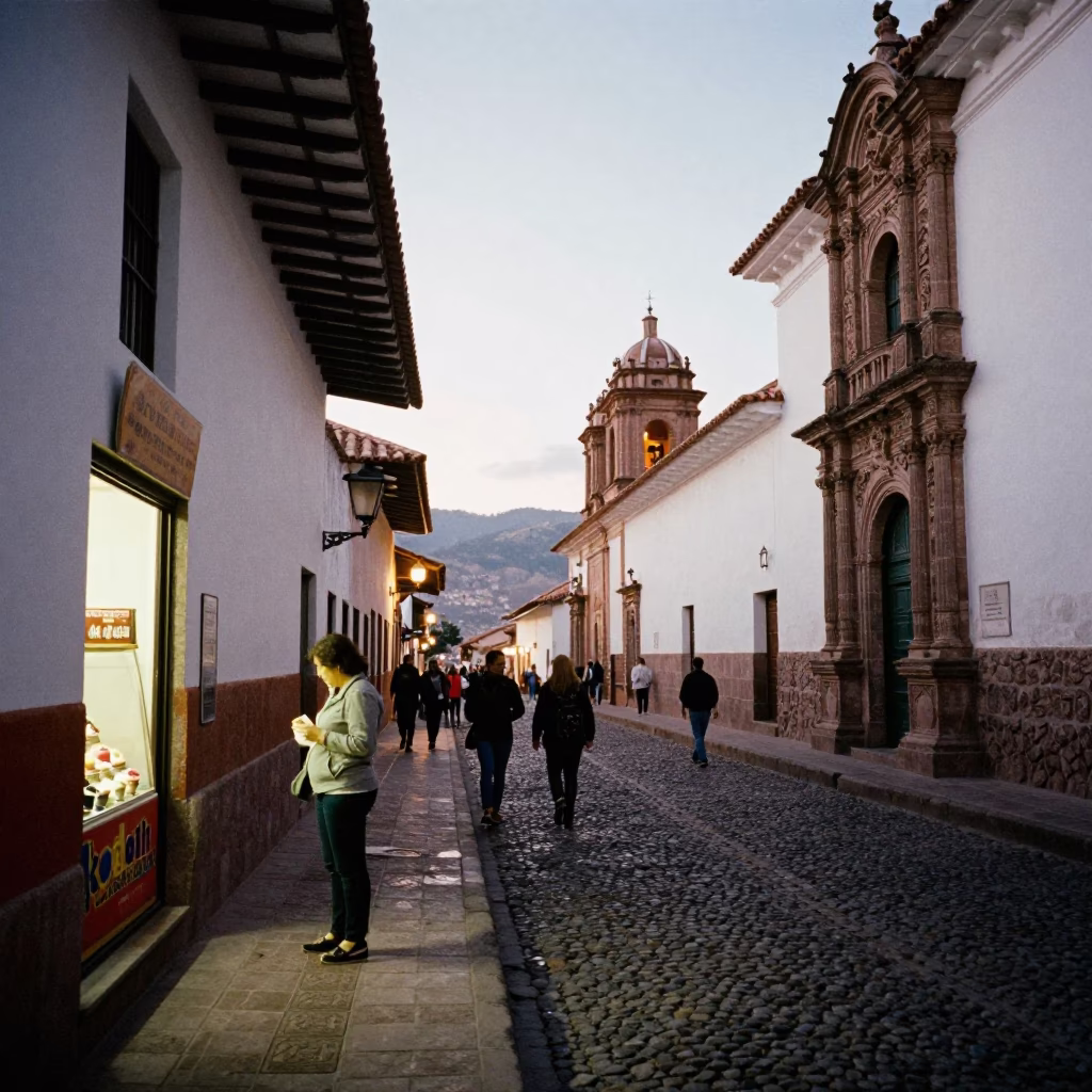 Busy Cusco Peru Street Scene Early Evening with Gelato Display and Window Box in in Cusco, Peru