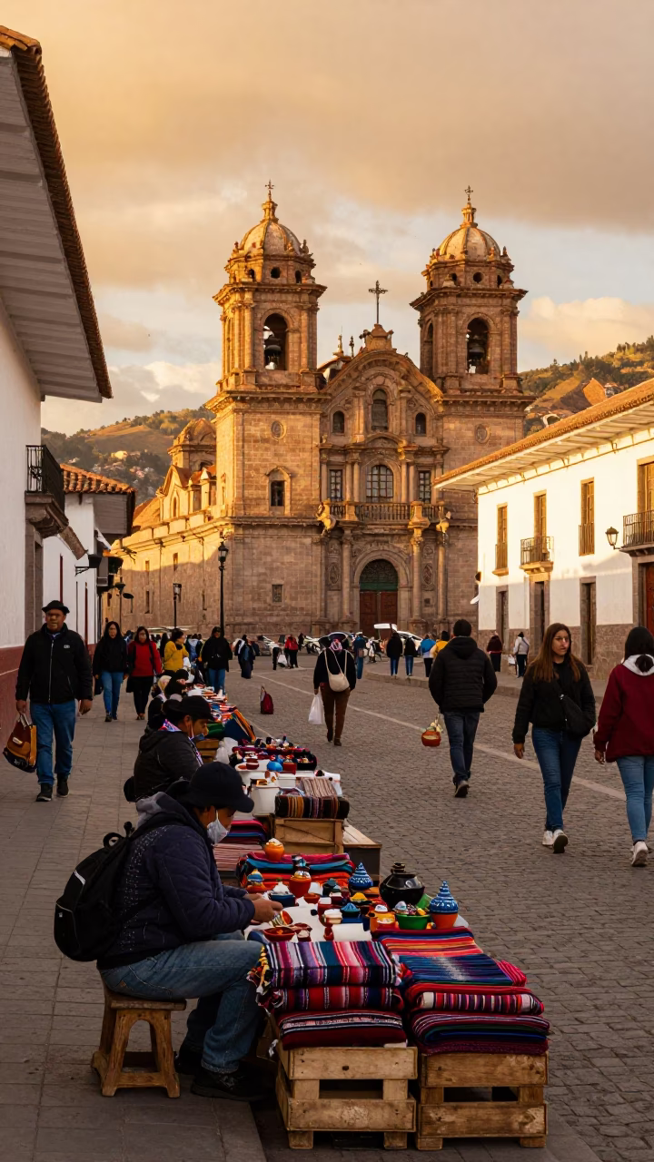 Busy Cusco Peru Street Scene in Honeyed Evening Light with Traditional Andean Market Activity in in Cusco, Peru