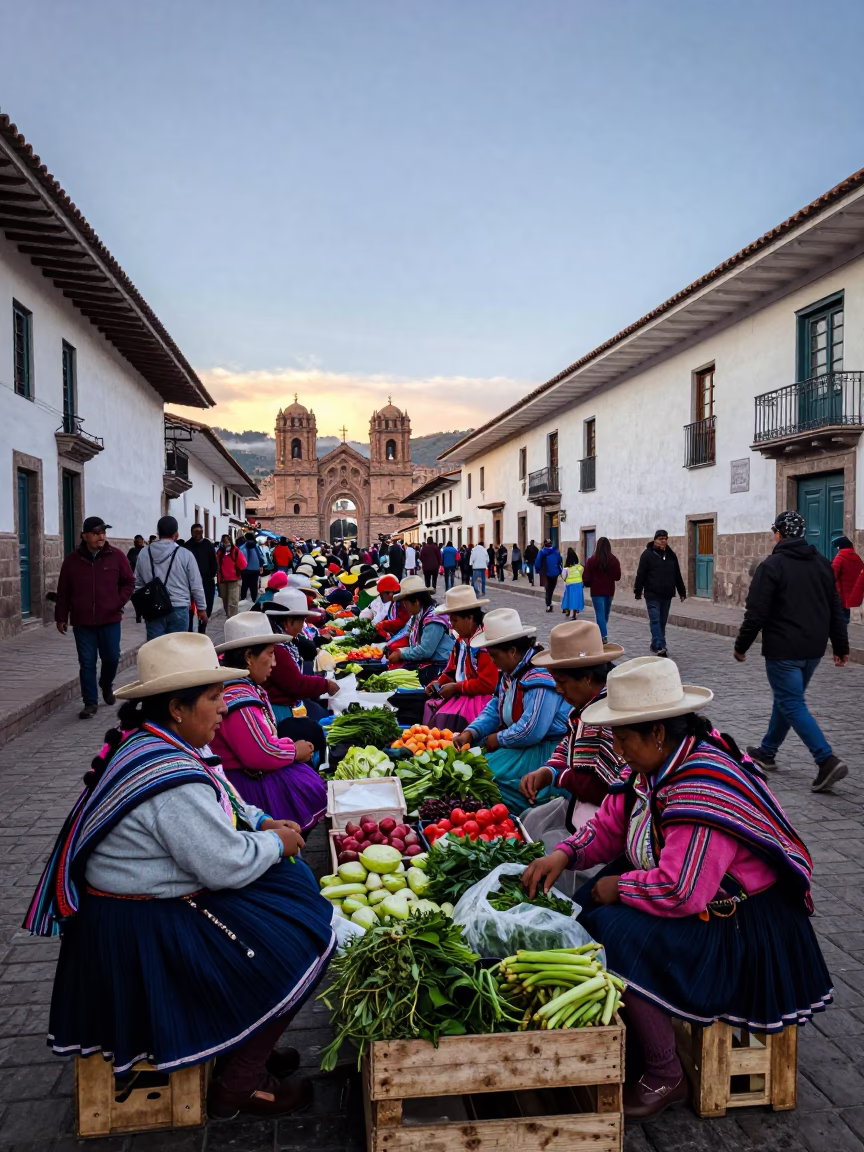 Busy Cusco Peru Street Scene Late Afternoon Traditional Market Activity in in Cusco, Peru