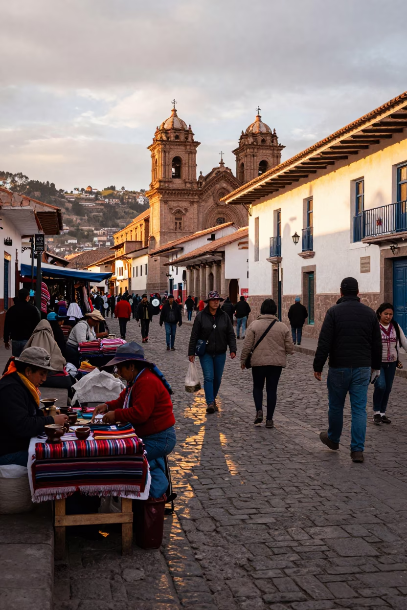 Busy Cusco Peru Street Scene with Local Market Activity in Honeyed Evening Light in in Cusco, Peru
