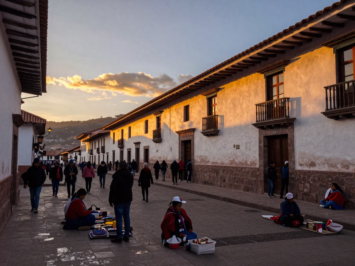 Busy Cusco Street Corner at Dusk with Traditional Andean Market Goods and Local Peddlers in in Cusco, Peru