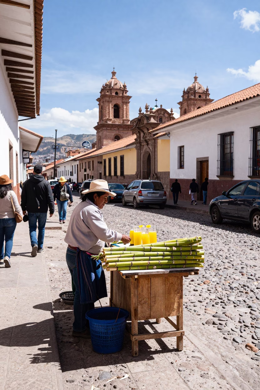 Busy Cusco Street Corner in Bright Midmorning Light with Local Vendor and Antique Telescope in in Cusco, Peru