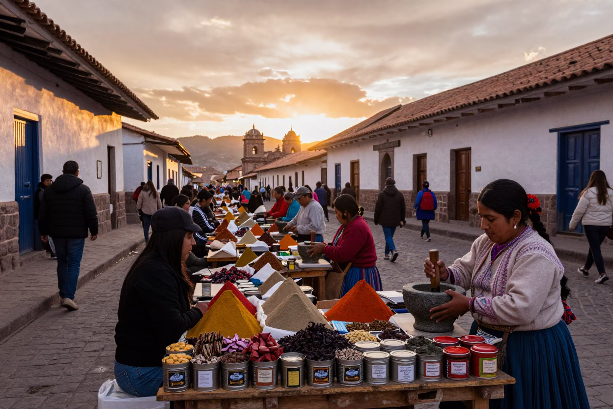 Busy Cusco Street Market at Sunset with Spice Tins and Mortar Pestle in in Cusco, Peru