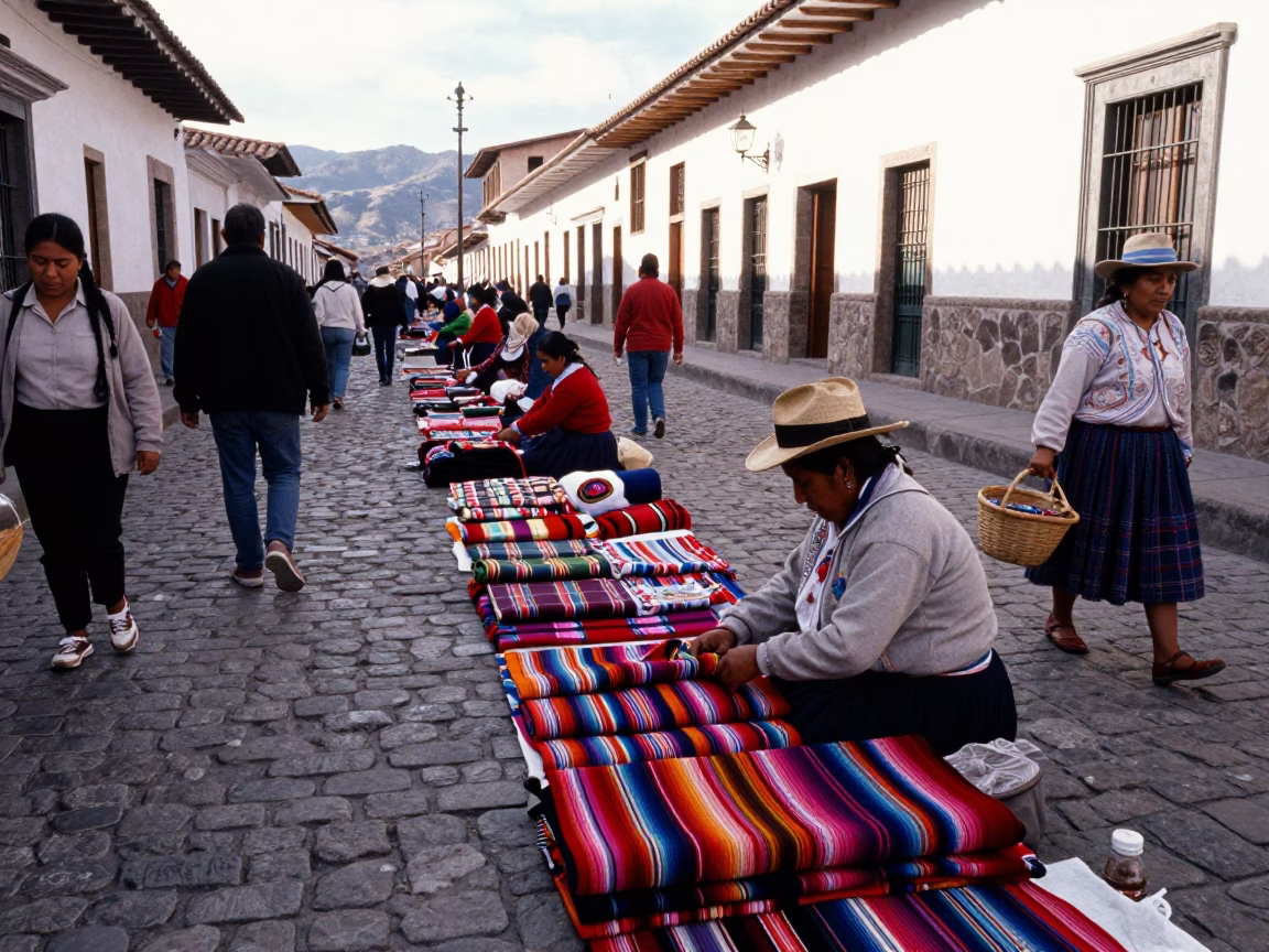 Busy Cusco Street Market Late Morning with Local Vendor and Colorful Andean Textiles in in Cusco, Peru