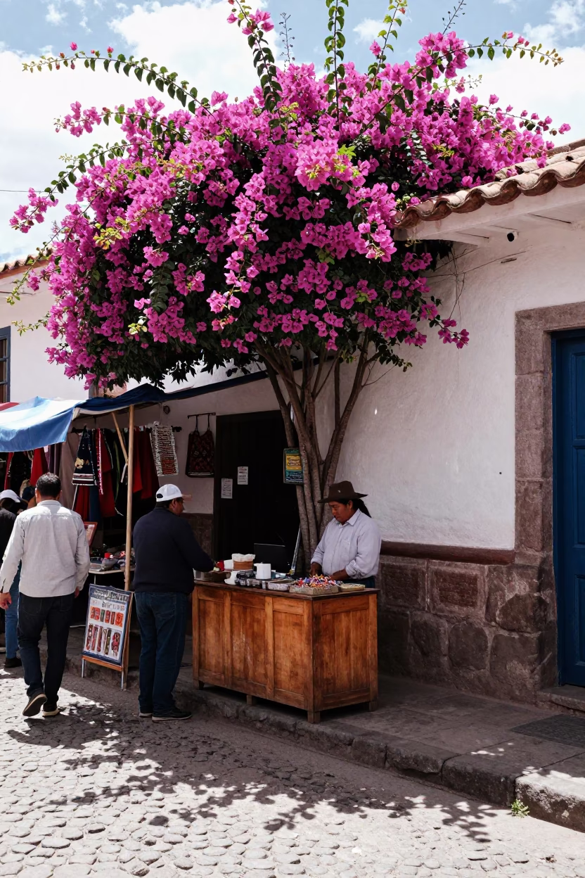 Busy Cusco Street Market Stall with Bougainvillea and Traditional Food in in Cusco, Peru