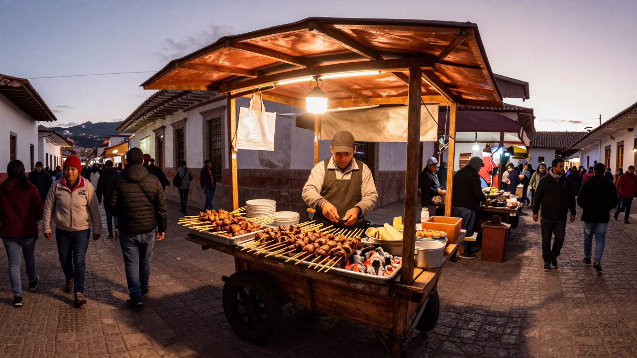 Busy Cusco Street Market Stall with Sate Skewers in Copper Dusk Light in in Cusco, Peru