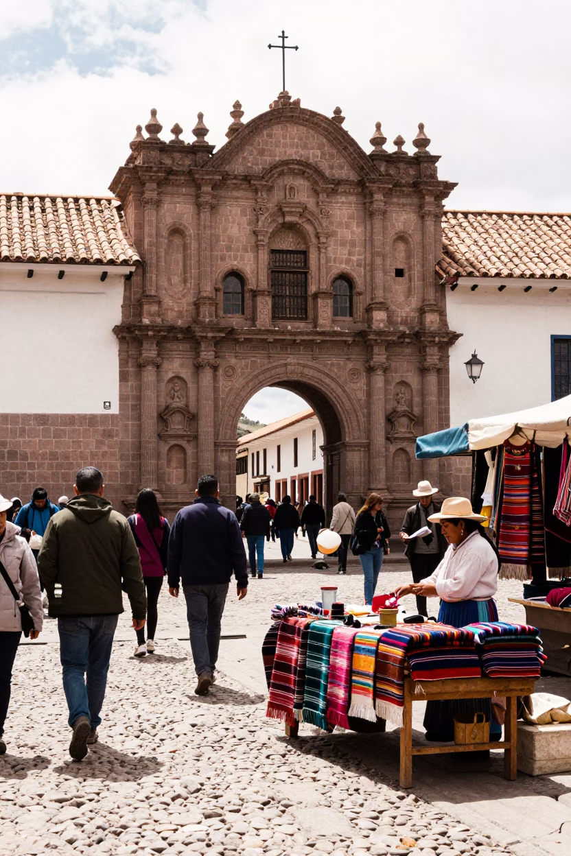 Busy Cusco Street Market with Colonial Architecture and Local Commerce in in Cusco, Peru