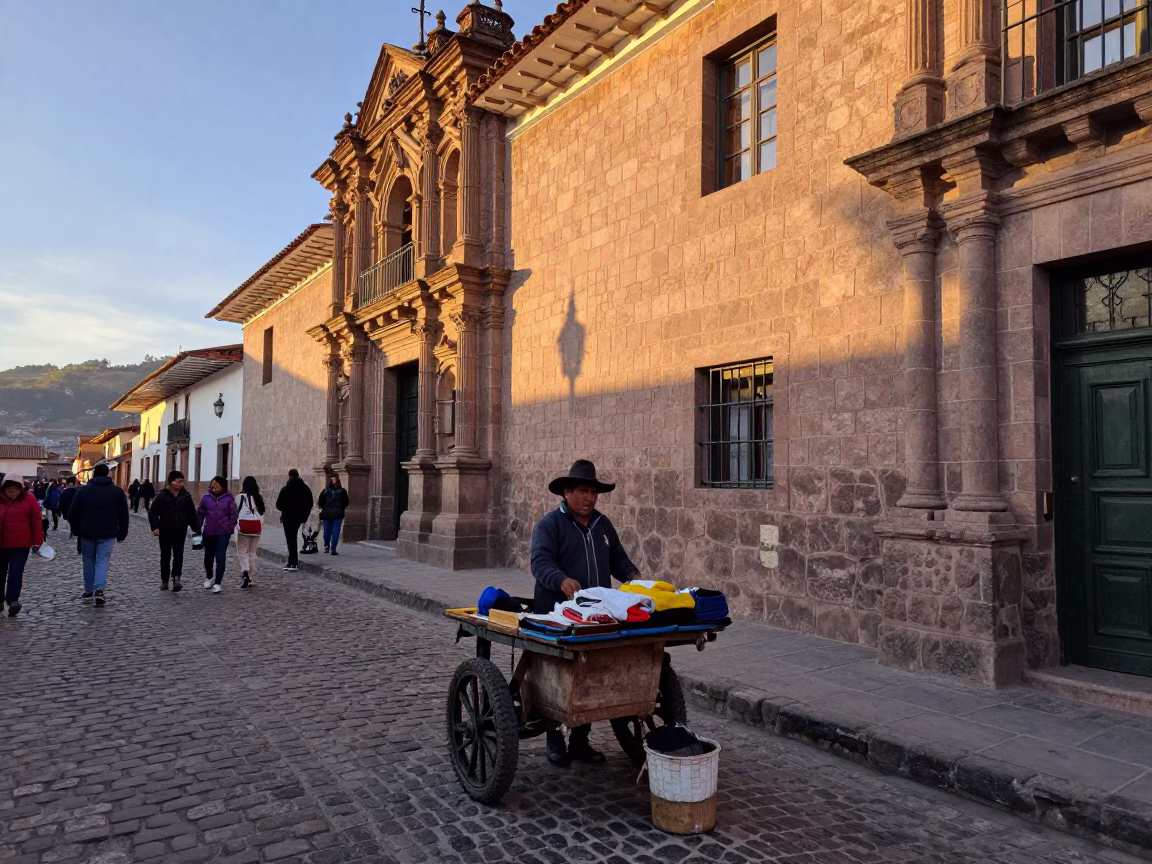 Busy Cusco Street Scene at Dawn with Local Vendor and Stone Architecture in in Cusco, Peru