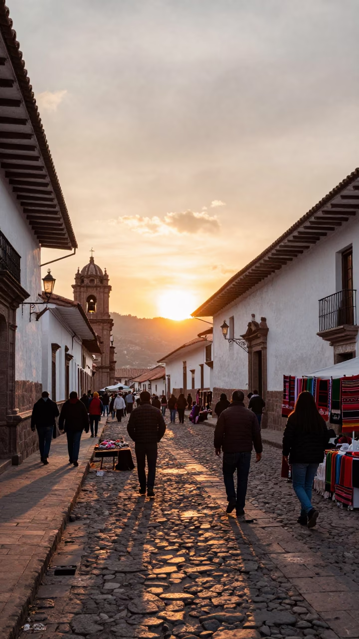 Busy Cusco street scene at sunset with colonial architecture and local vendors in in Cusco, Peru