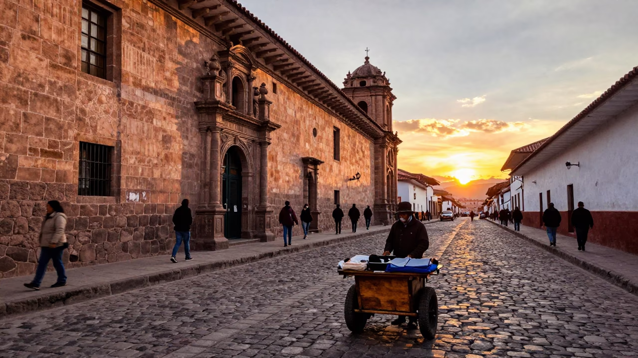 Busy Cusco Street Scene at Sunset with Local Vendor and Drinking Vessel in in Cusco, Peru