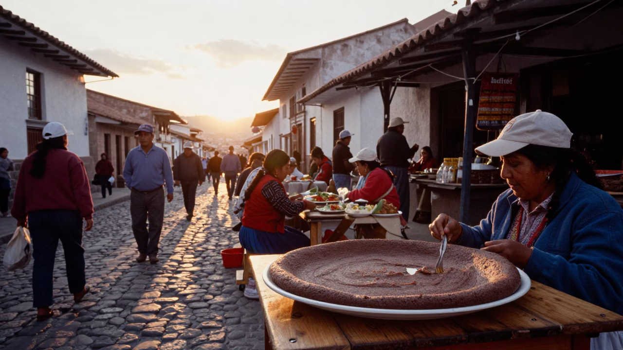 Busy Cusco Street Scene at Sunset with Traditional Injera and Colorful Stews in in Cusco, Peru
