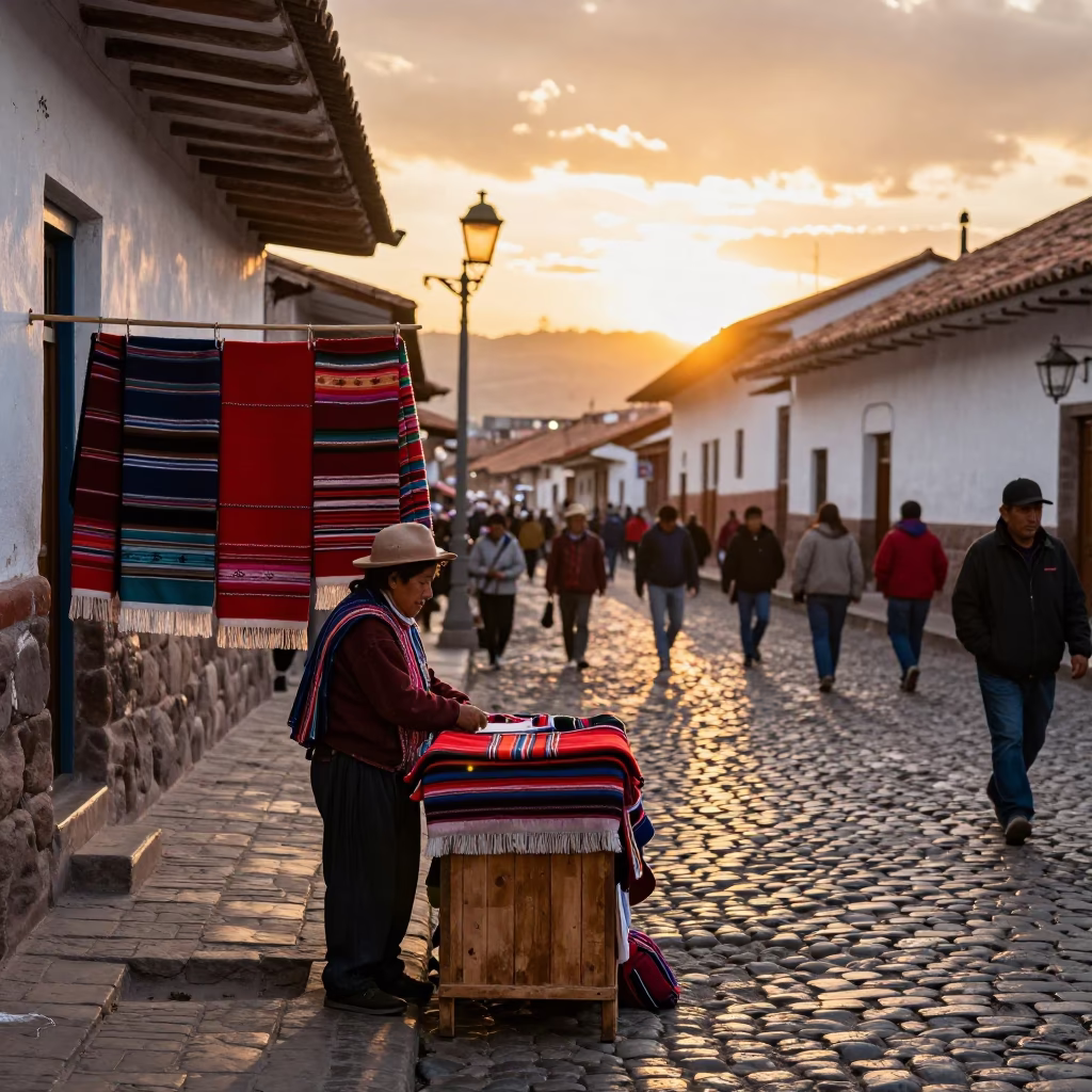 Busy Cusco Street Scene at Sunset with Traditional Textiles and Stone Architecture in in Cusco, Peru
