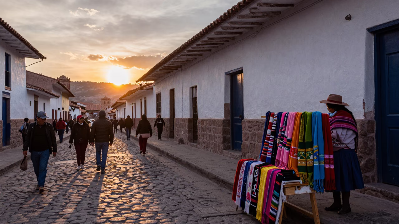 Busy Cusco Street Scene at Sunset with Wool Scarves and Traditional Architecture in in Cusco, Peru