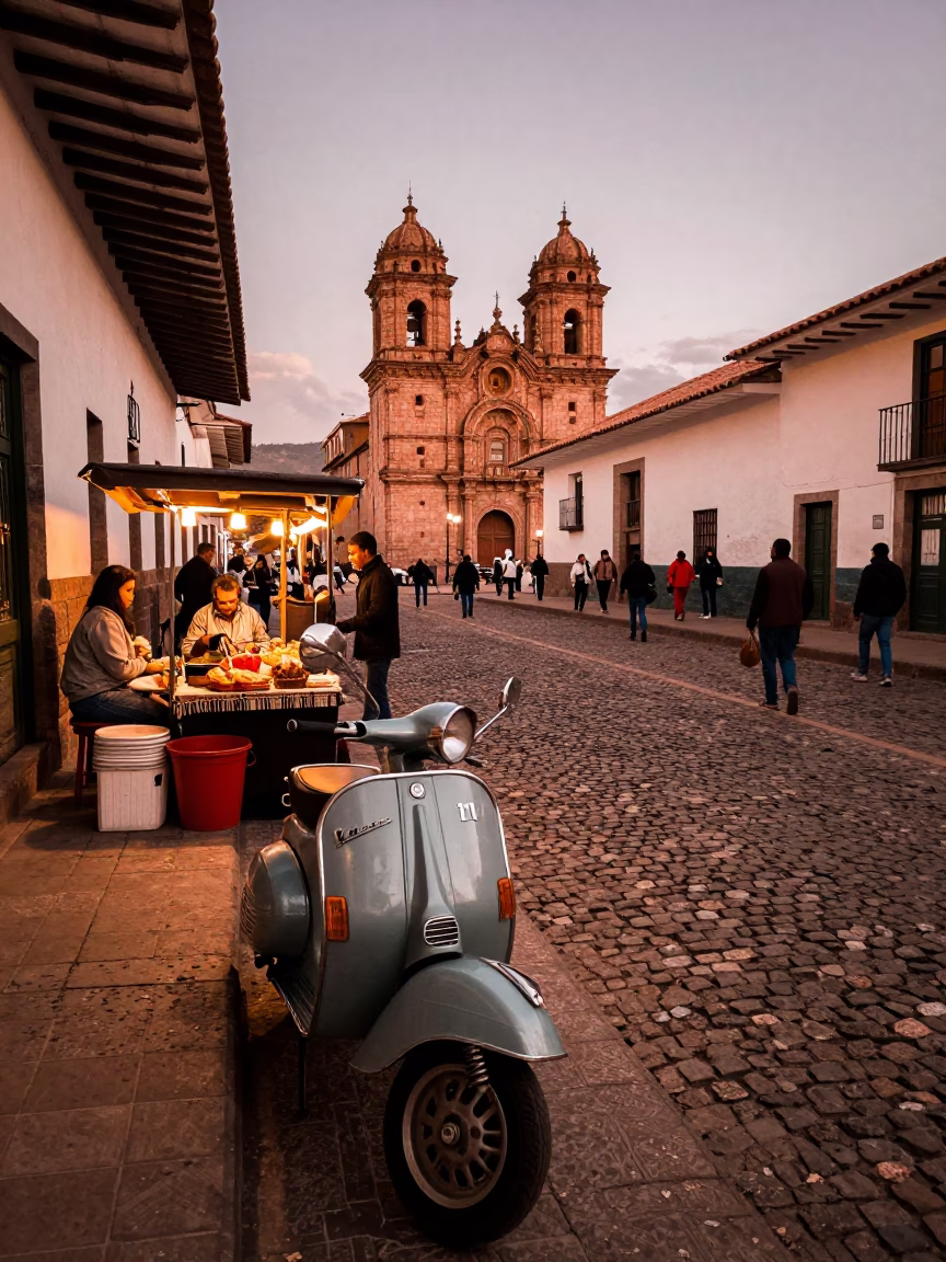 Busy Cusco Street Scene Before Dusk with Vintage Vespa and Churros in in Cusco, Peru