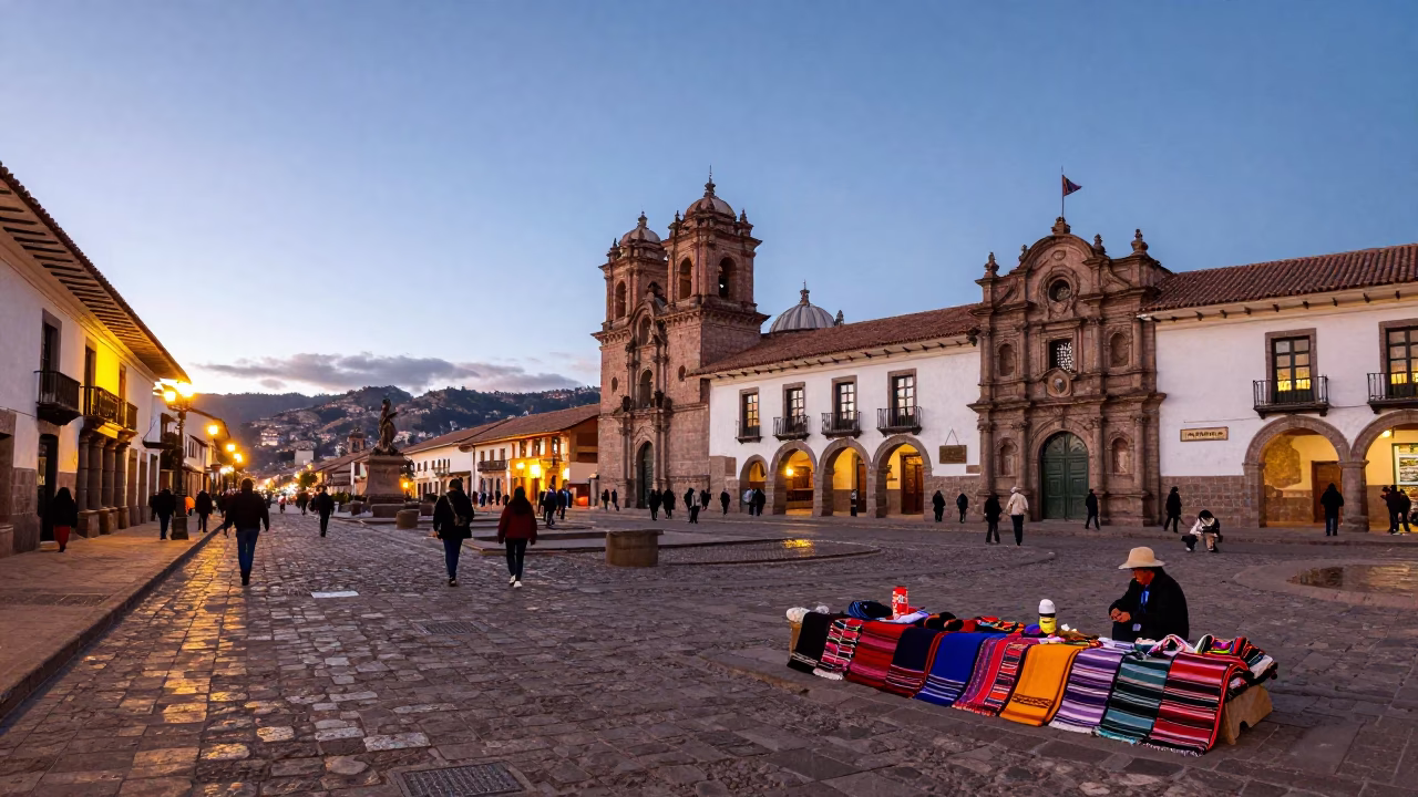 Busy Cusco Street Scene Early Evening with Colonial Architecture and Local Life in in Cusco, Peru