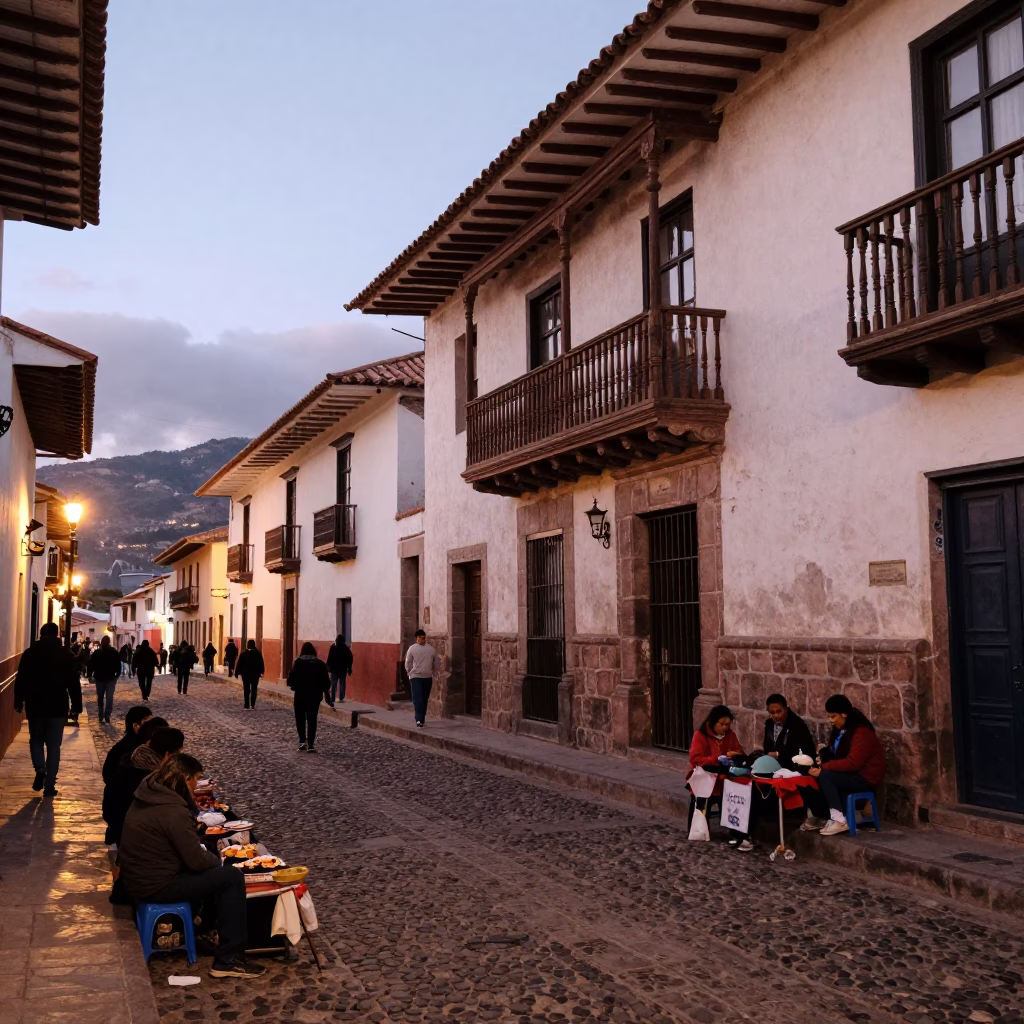 Busy Cusco Street Scene Early Evening with Local Vendors and Traditional Architecture in in Cusco, Peru