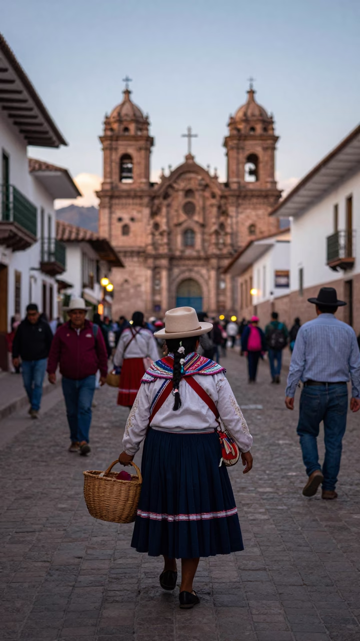 Busy Cusco Street Scene Early Evening With Traditional Clothing And Local Commerce in in Cusco, Peru