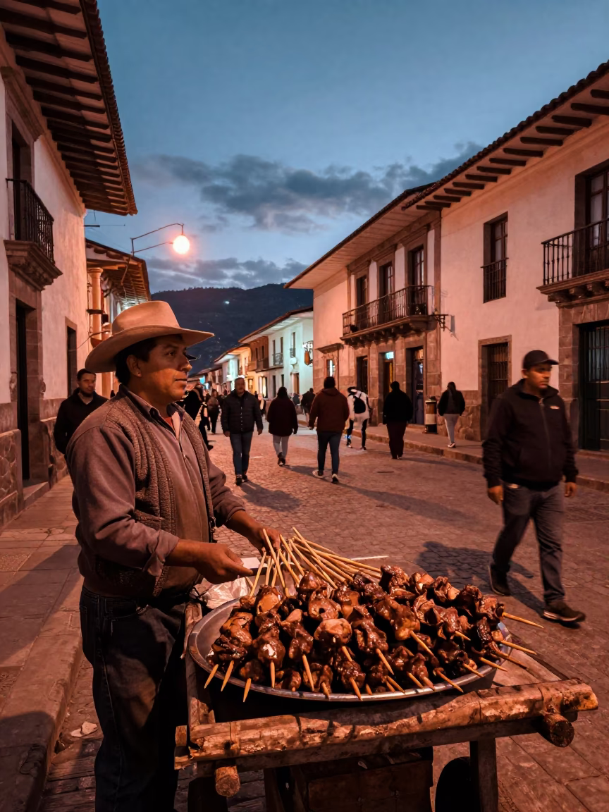 Busy Cusco Street Scene in Copper Light with Anticuchos and Traditional Clothing in in Cusco, Peru