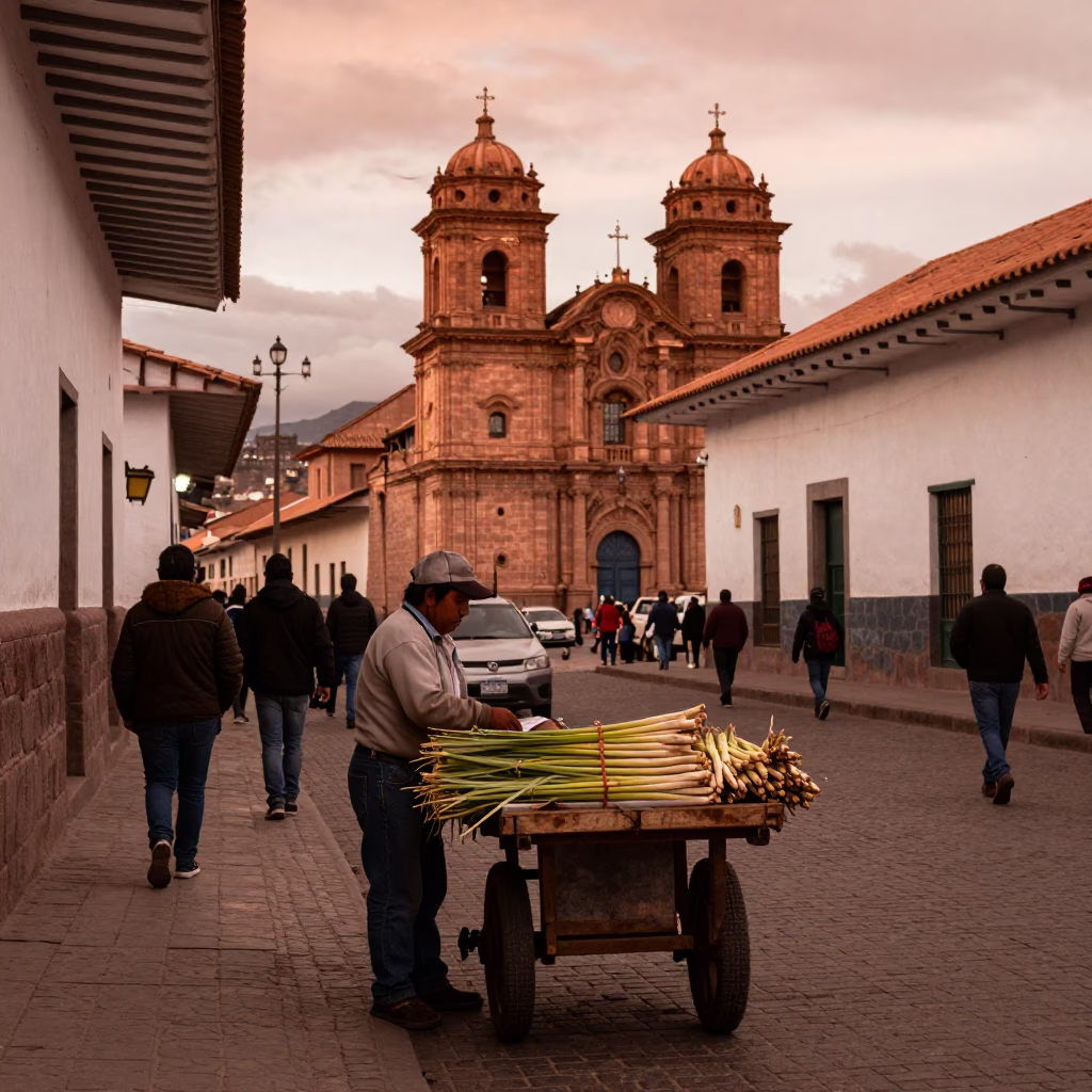 Busy Cusco Street Scene in Copper Light with Local Vendor and Traditional Architecture in in Cusco, Peru