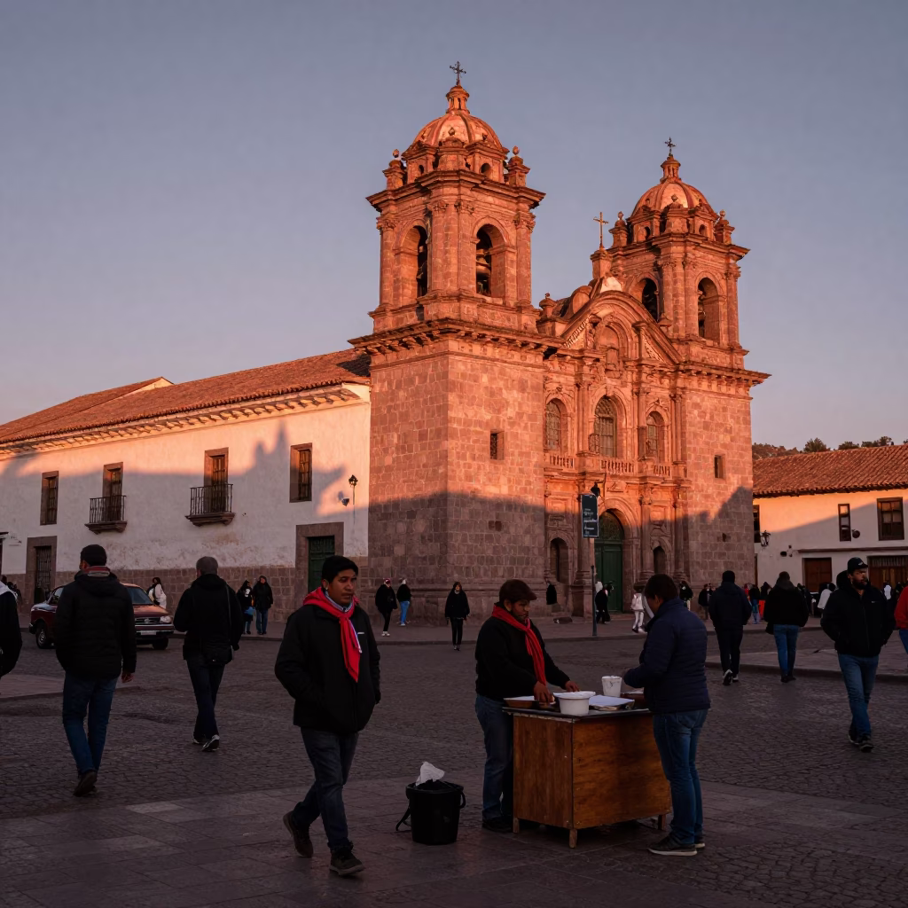 Busy Cusco Street Scene in Copper Light with Scarf Vendor and Colonial Stone Architecture in in Cusco, Peru