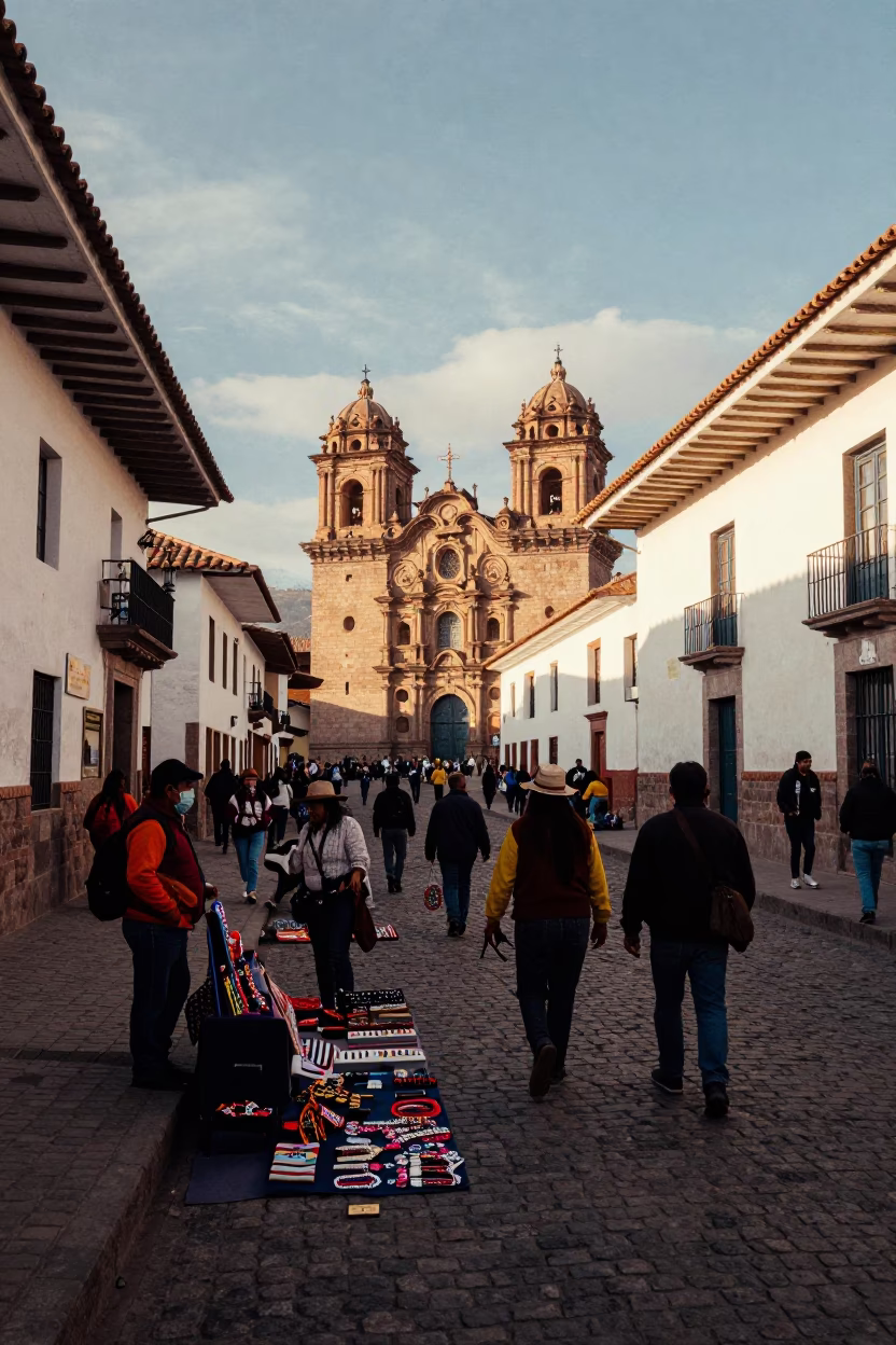 Busy Cusco Street Scene Late Afternoon with Local Crafts and Traditional Architecture in in Cusco, Peru