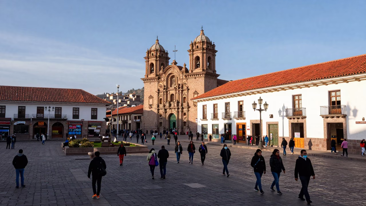 Busy Cusco Street Scene Late Morning with Traditional Architecture and Local Market Activity in in Cusco, Peru