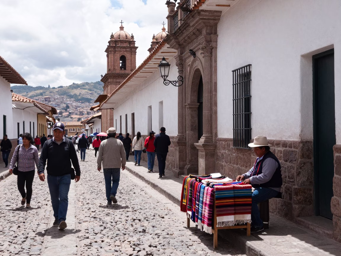 Busy Cusco Street Scene Under Flat Noon Light With Local Market Activity in in Cusco, Peru