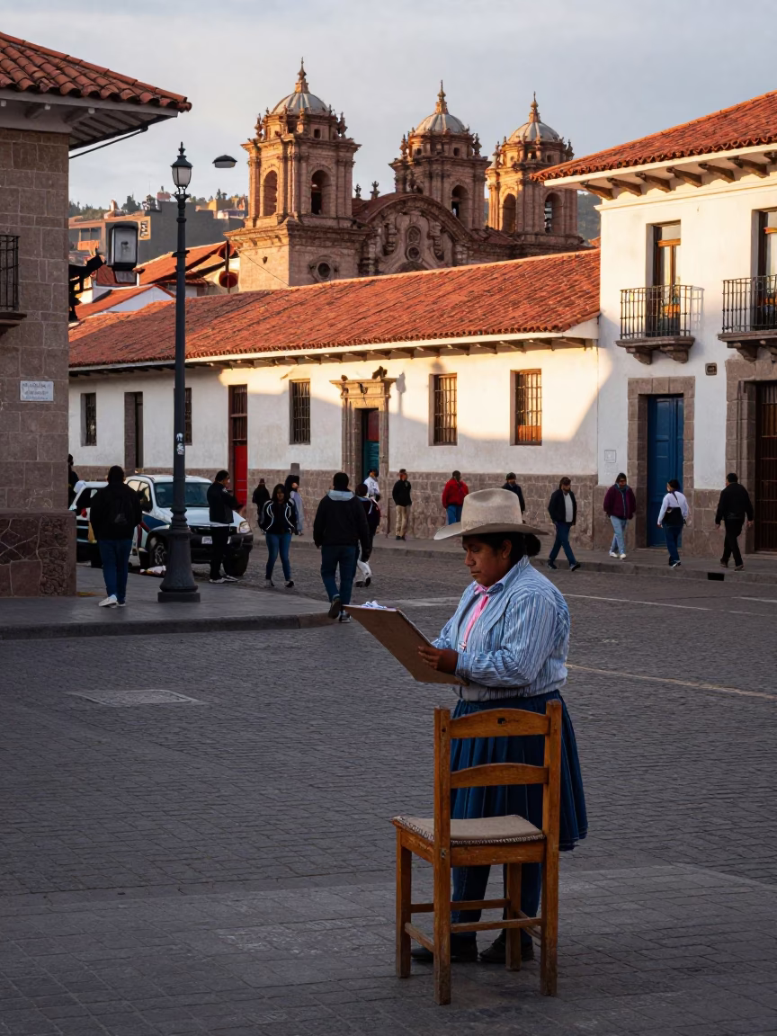 Busy Cusco Street Scene with Clipboard and Chair at First Light in in Cusco, Peru