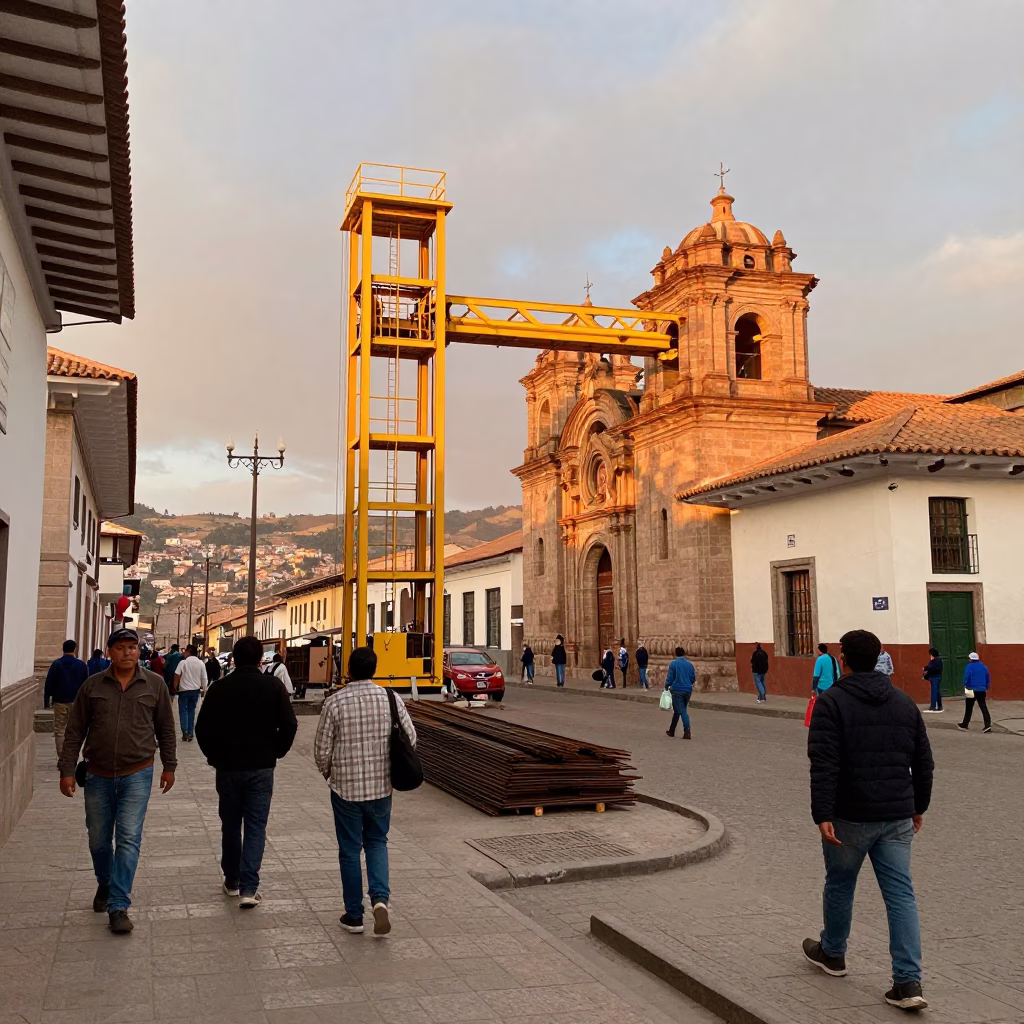 Busy Cusco Street Scene with Construction Elevator Gate and Rebar in Evening Light in in Cusco, Peru