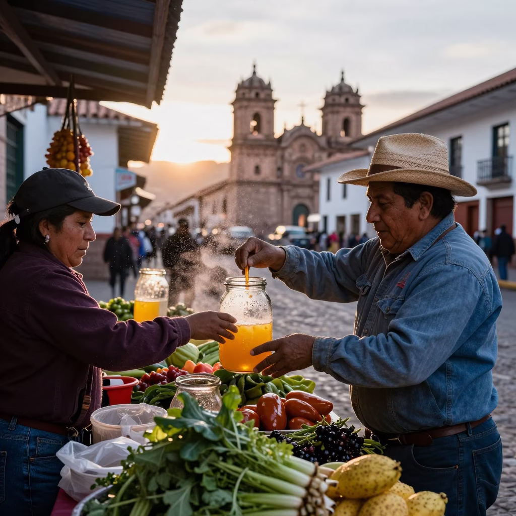 Busy Cusco Street Stall with Condensation and Local Interaction in Evening Light in in Cusco, Peru