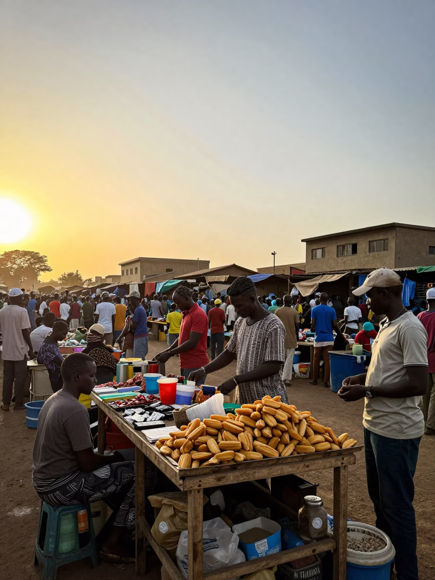 Busy Dakar Market Stall with Palmiers and Ledger at Golden Hour in in Dakar, Senegal