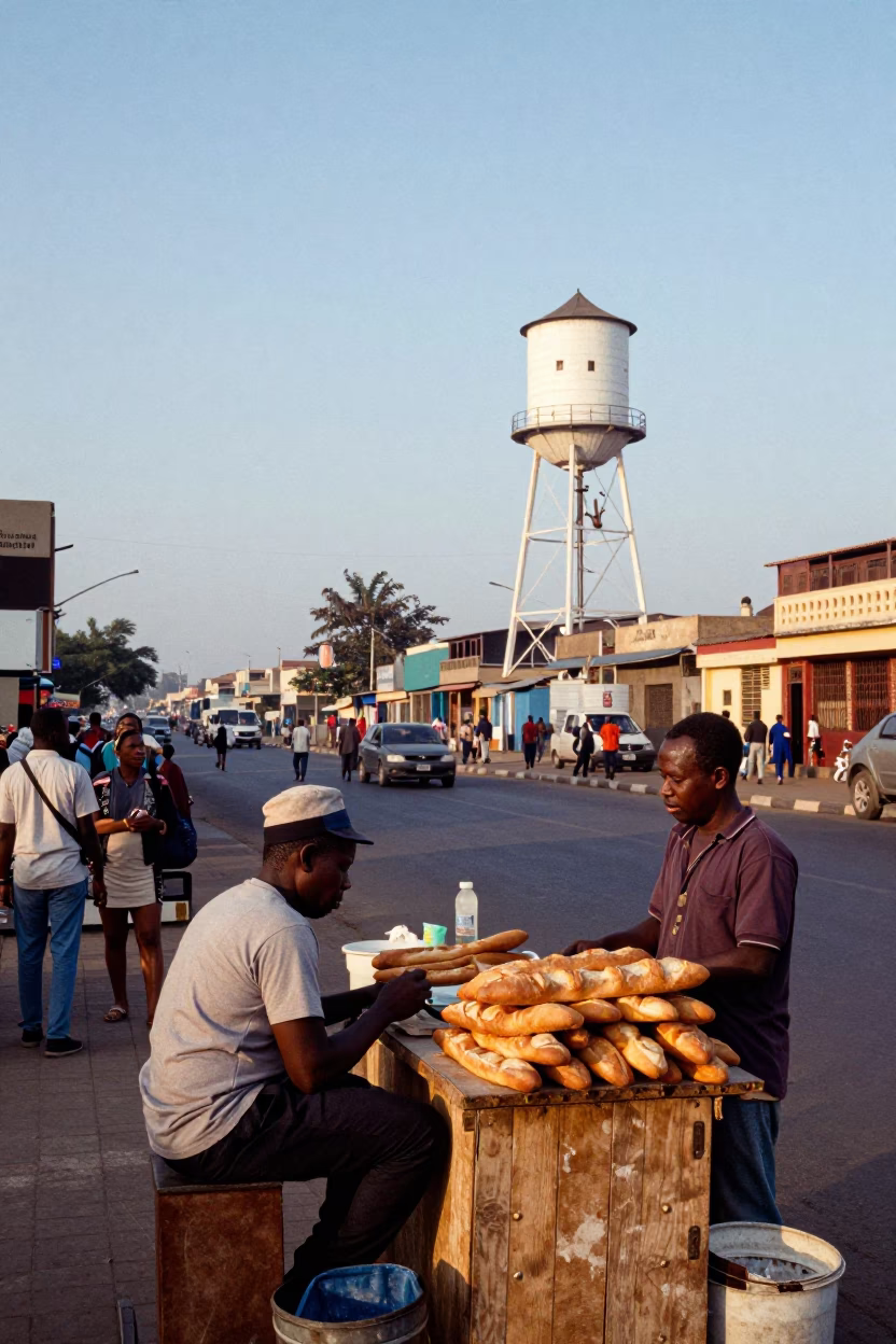 Busy Dakar Morning Street Scene with Water Tower and Local Commerce in in Dakar, Senegal