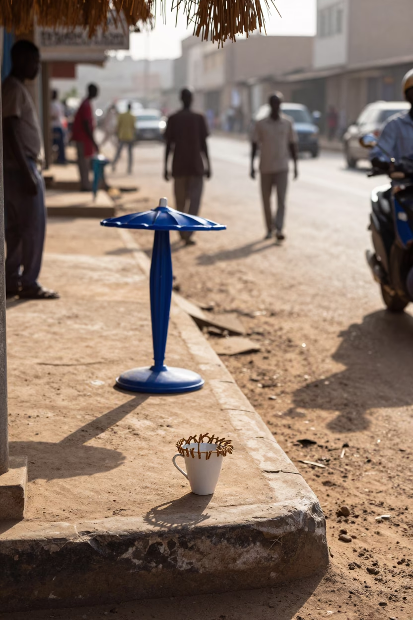 Busy Dakar Morning Street Scene with Wicker Shadows and Umbrella Stands at First Light in in Dakar, Senegal