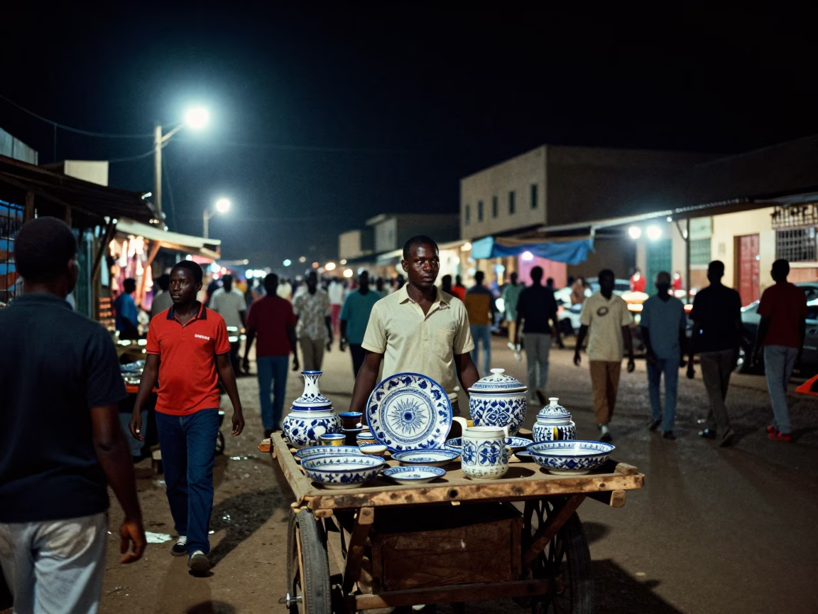 Busy Dakar Night Street Scene with Vintage Italian Majolica Plate and Local Market Activity in in Dakar, Senegal