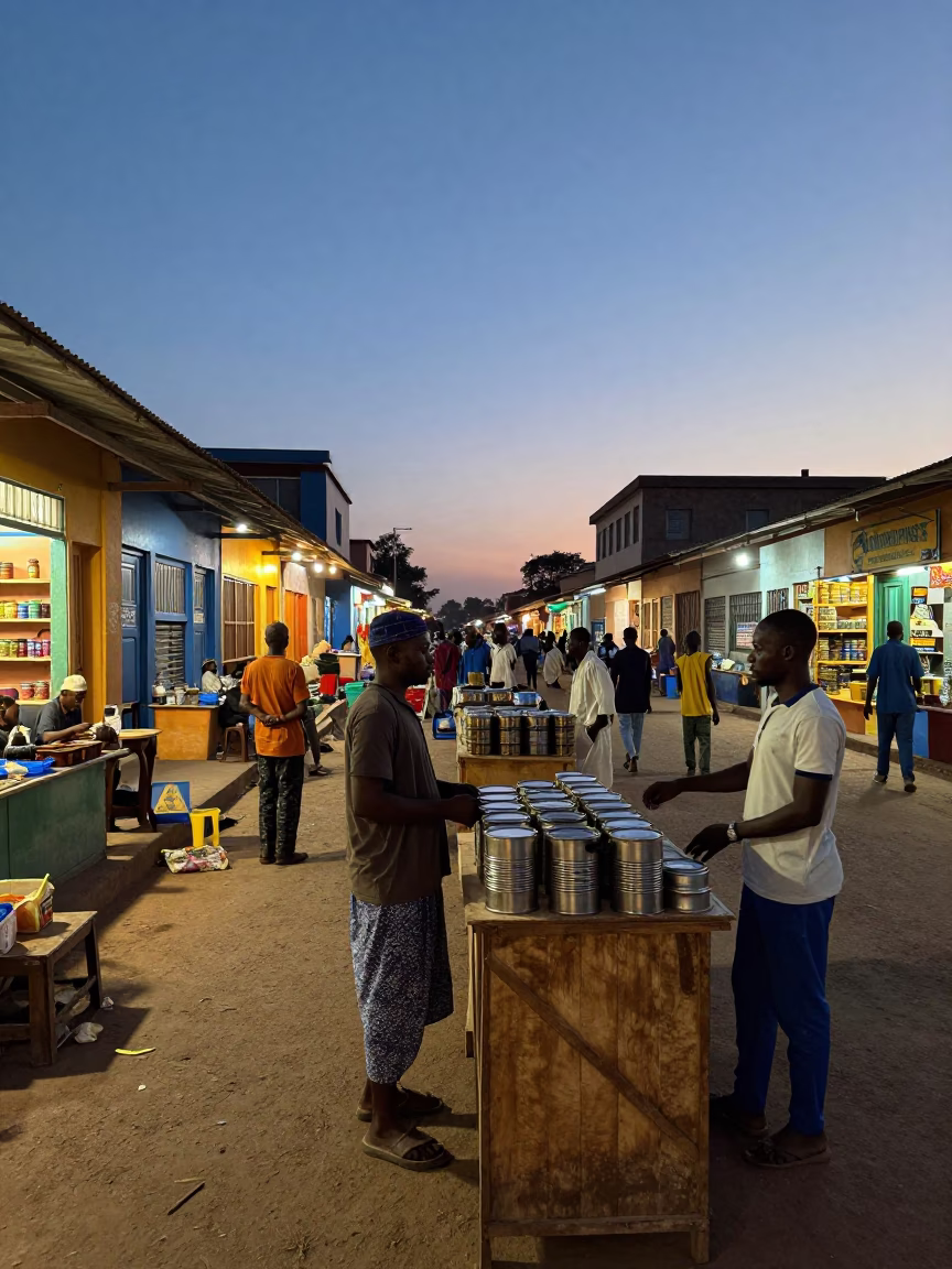 Busy Dakar Senegal Evening Street Scene with Local Market Activity and Traditional Elements in in Dakar, Senegal