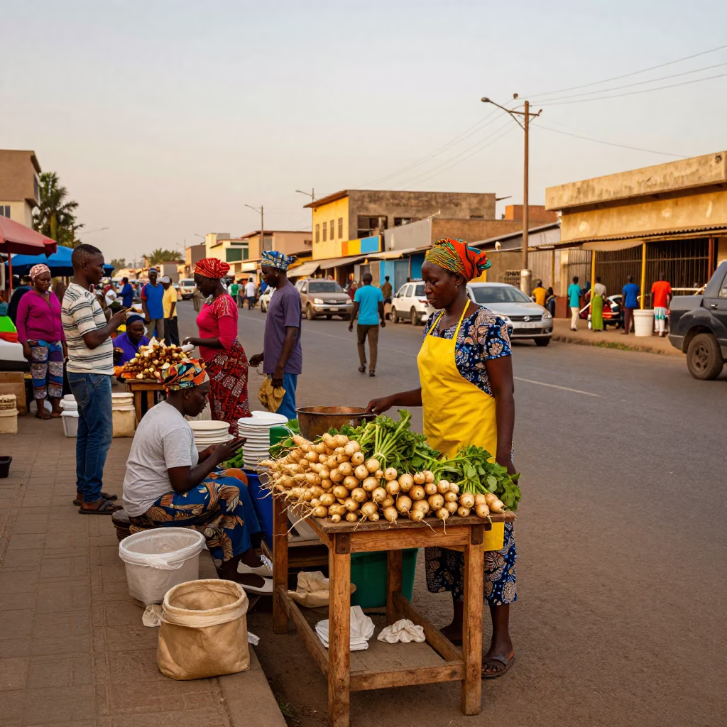 Busy Dakar Senegal Evening Street Scene with Local Market Activity and Urban Infrastructure in in Dakar, Senegal