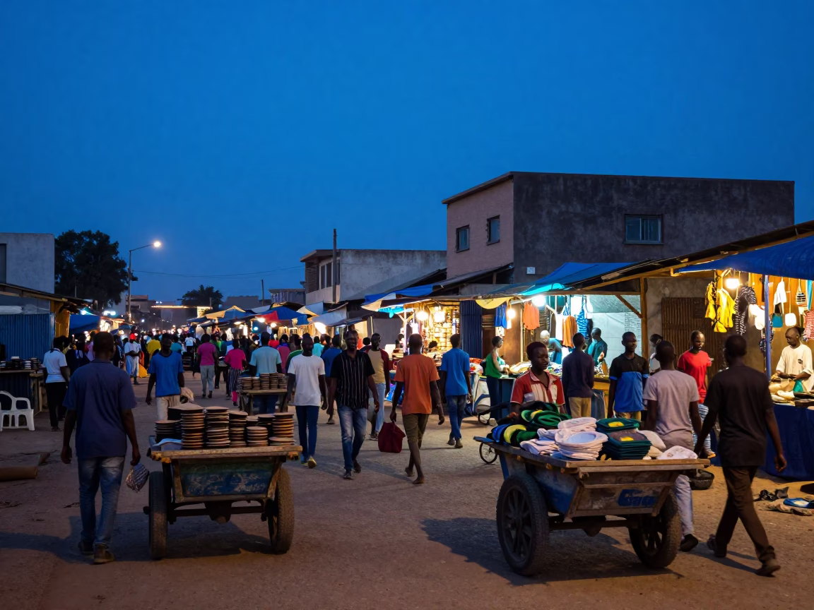 Busy Dakar Senegal Evening Street Scene with Rolling Carts and Coastal Activity in in Dakar, Senegal