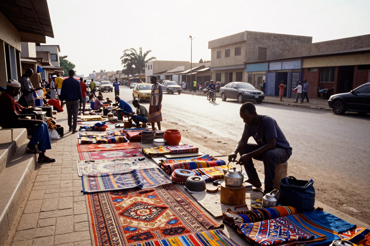 Busy Dakar Senegal Late Morning Street Scene with Colorful Textiles and Local Commerce in in Dakar, Senegal
