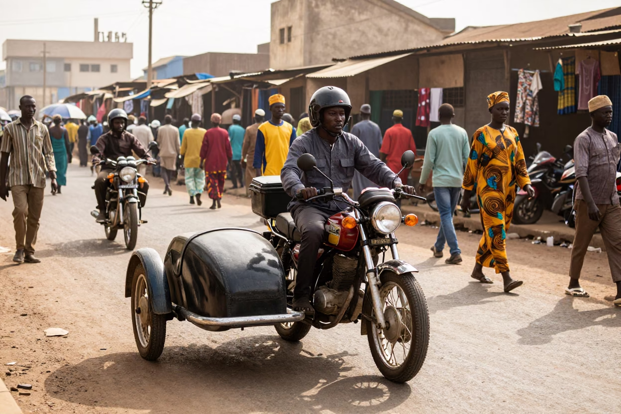 Busy Dakar Senegal Late Morning Street Scene with Vintage Motorcycle and Urban Life in in Dakar, Senegal