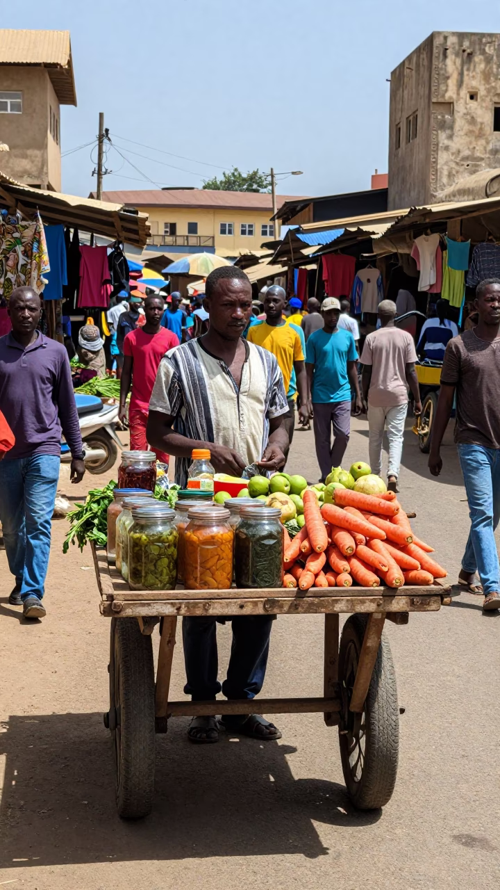 Busy Dakar Senegal midday street scene with jar and carrots on vendor cart in in Dakar, Senegal