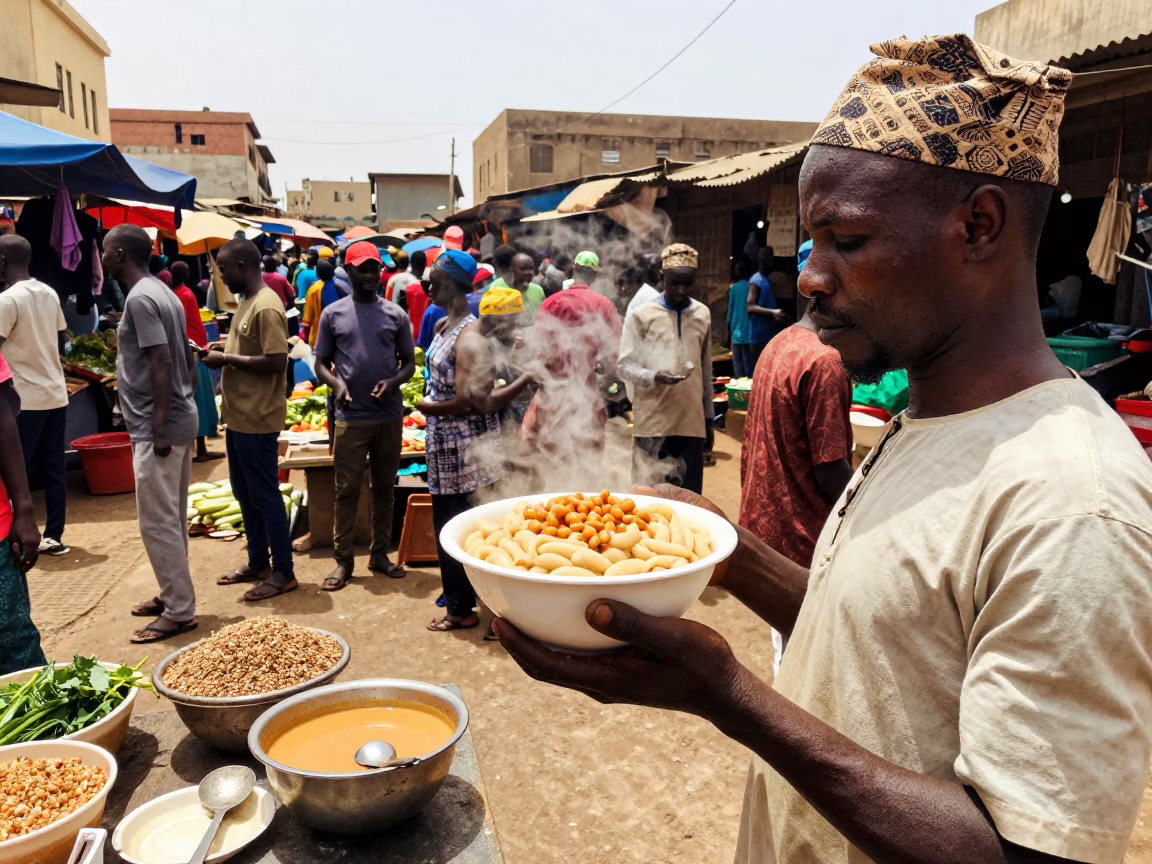 Busy Dakar Senegal Noon Market Scene with Maafe Bowl and Water Taxi Dock in in Dakar, Senegal
