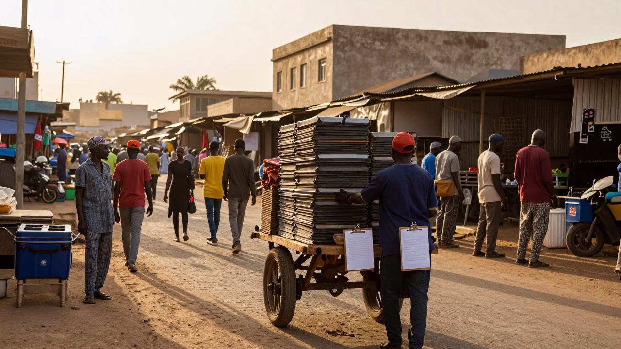 Busy Dakar Senegal street scene at golden hour with vendor and thermal crates in in Dakar, Senegal